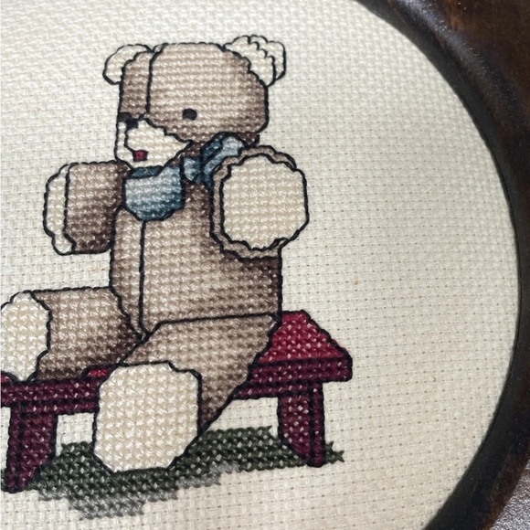 Set Of 2 Vintage Wood Framed Rocking Horse & Teddy Bear Cross-Stitch Art Nursery - Picture 6 of 7